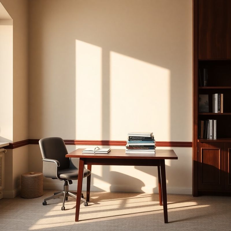 Interior liniștit de birou de consultanță din Sibiu, pereți crem cu accente bordeaux și birou de lemn închis la culoare